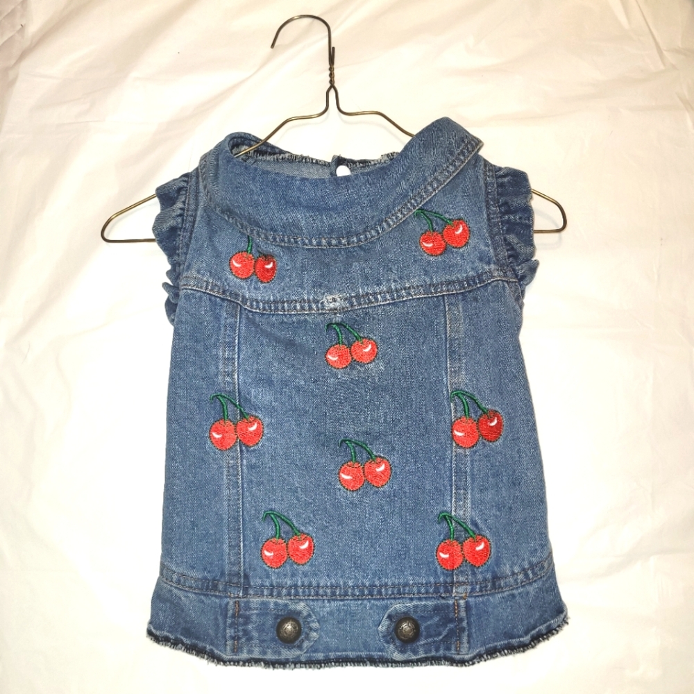 🍒 Dog Denim Jacket/Vest with Cherry Embroidery - For MEDIUM-Sized Dog ~20lbs 🍒